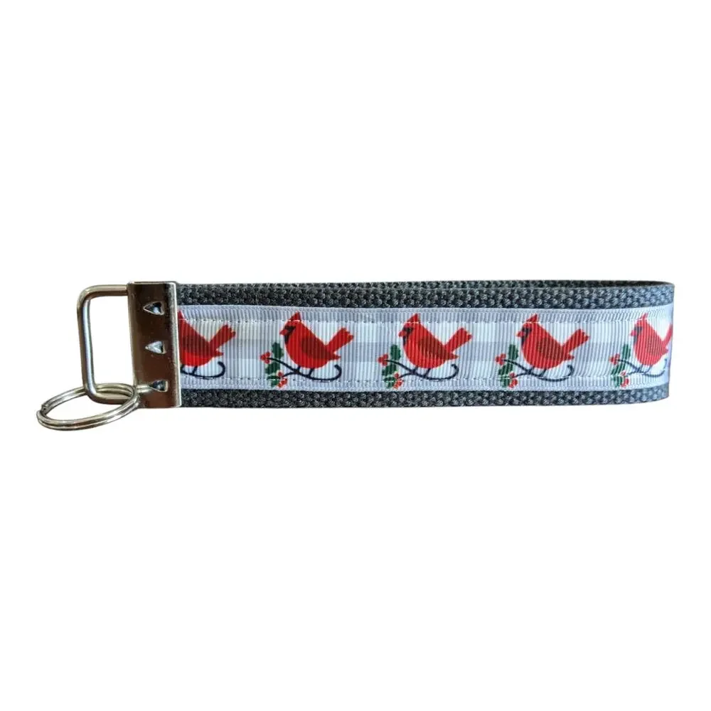 Cardinal Plaid Keychain Wristlet Handmade Key FOB Gray Winter Scene Bird Present